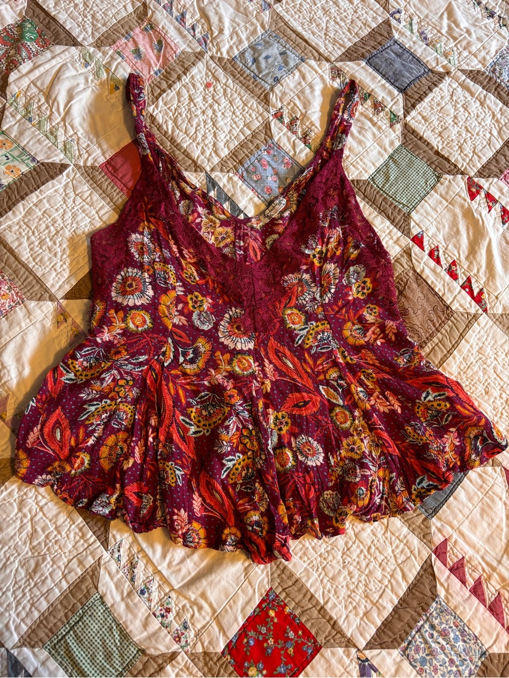 Free People Burgundy Floral Lace-Trim Cami